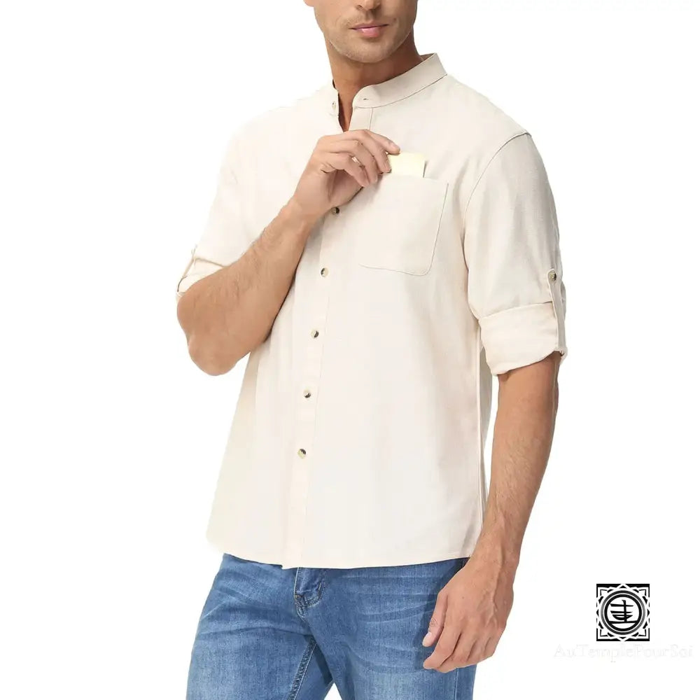 Chemise En Lin À Col Mao Et Manches Relevables Pour Homme – Style Décontracté Estival Chemise-Lin