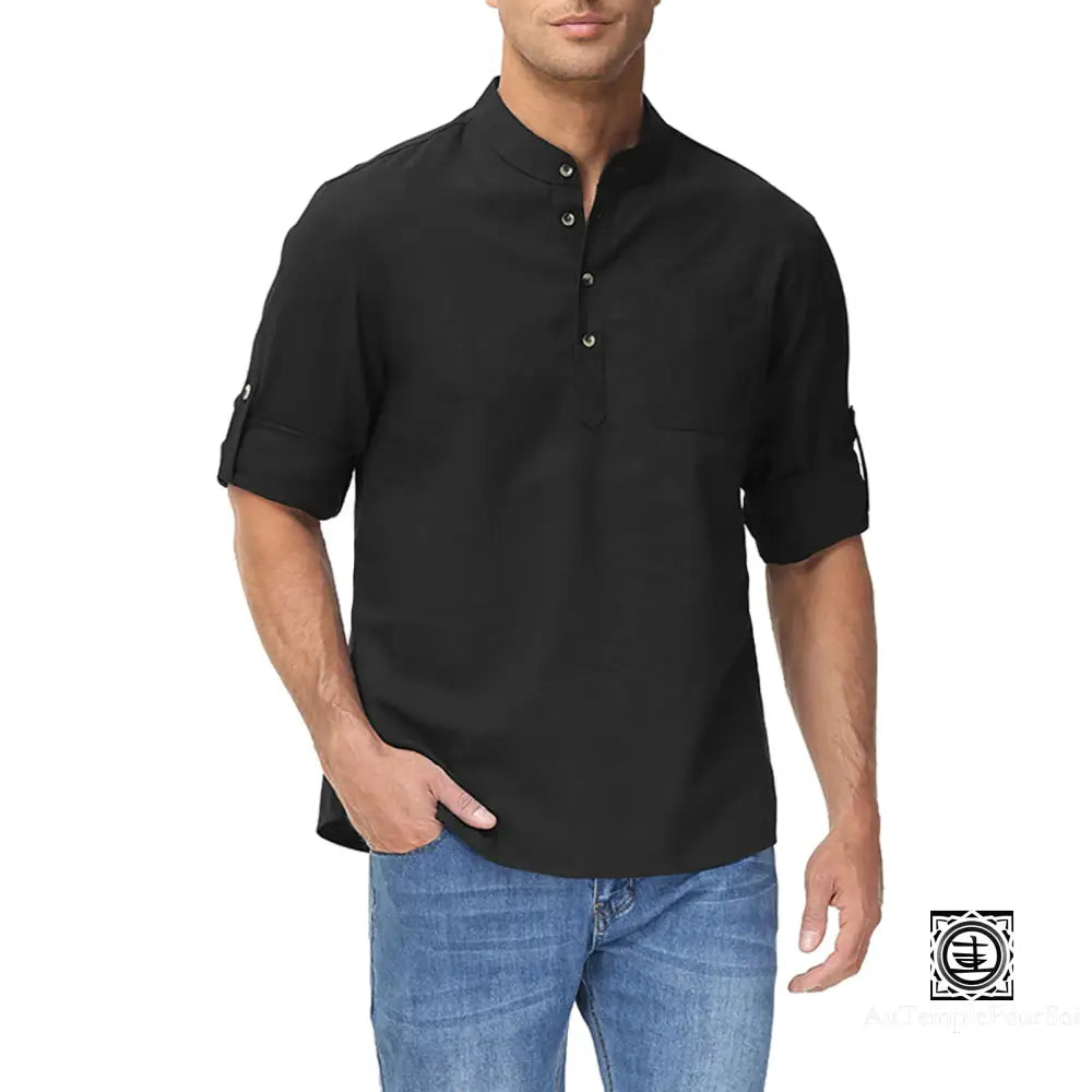 Chemise En Lin À Col Mao Et Manches Relevables Pour Homme – Style Décontracté Estival Chemise-Lin