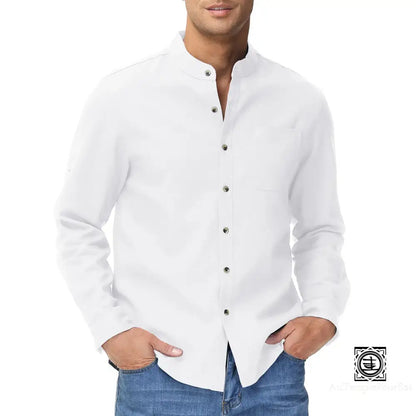 Chemise En Lin À Col Mao Et Manches Relevables Pour Homme – Style Décontracté Estival Chemise-Lin