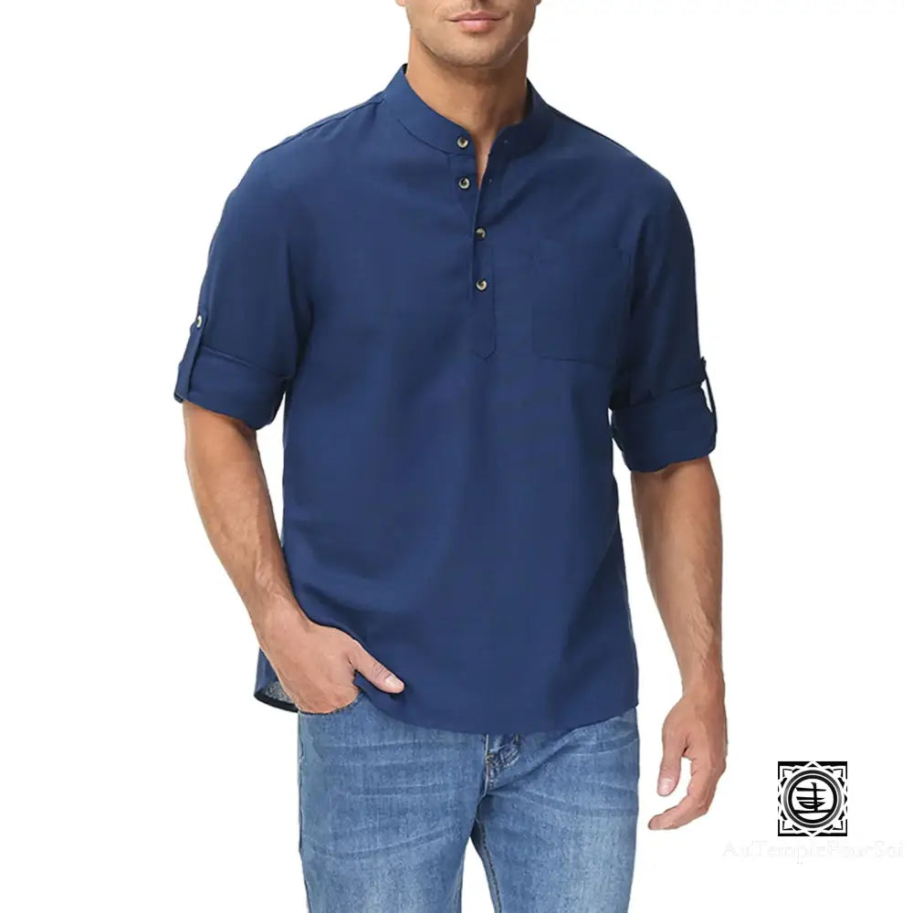 Chemise En Lin À Col Mao Et Manches Relevables Pour Homme – Style Décontracté Estival Chemise-Lin