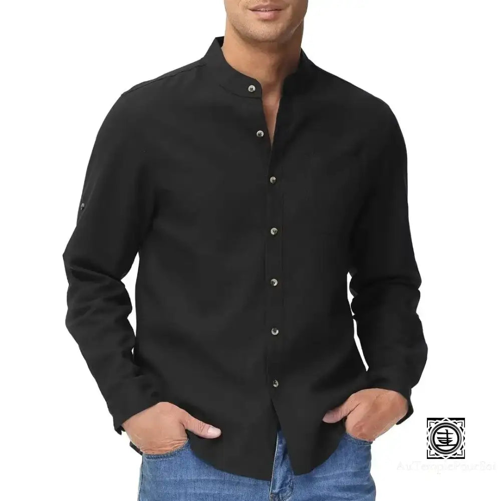 Chemise En Lin À Col Mao Et Manches Relevables Pour Homme – Style Décontracté Estival Chemise-Lin