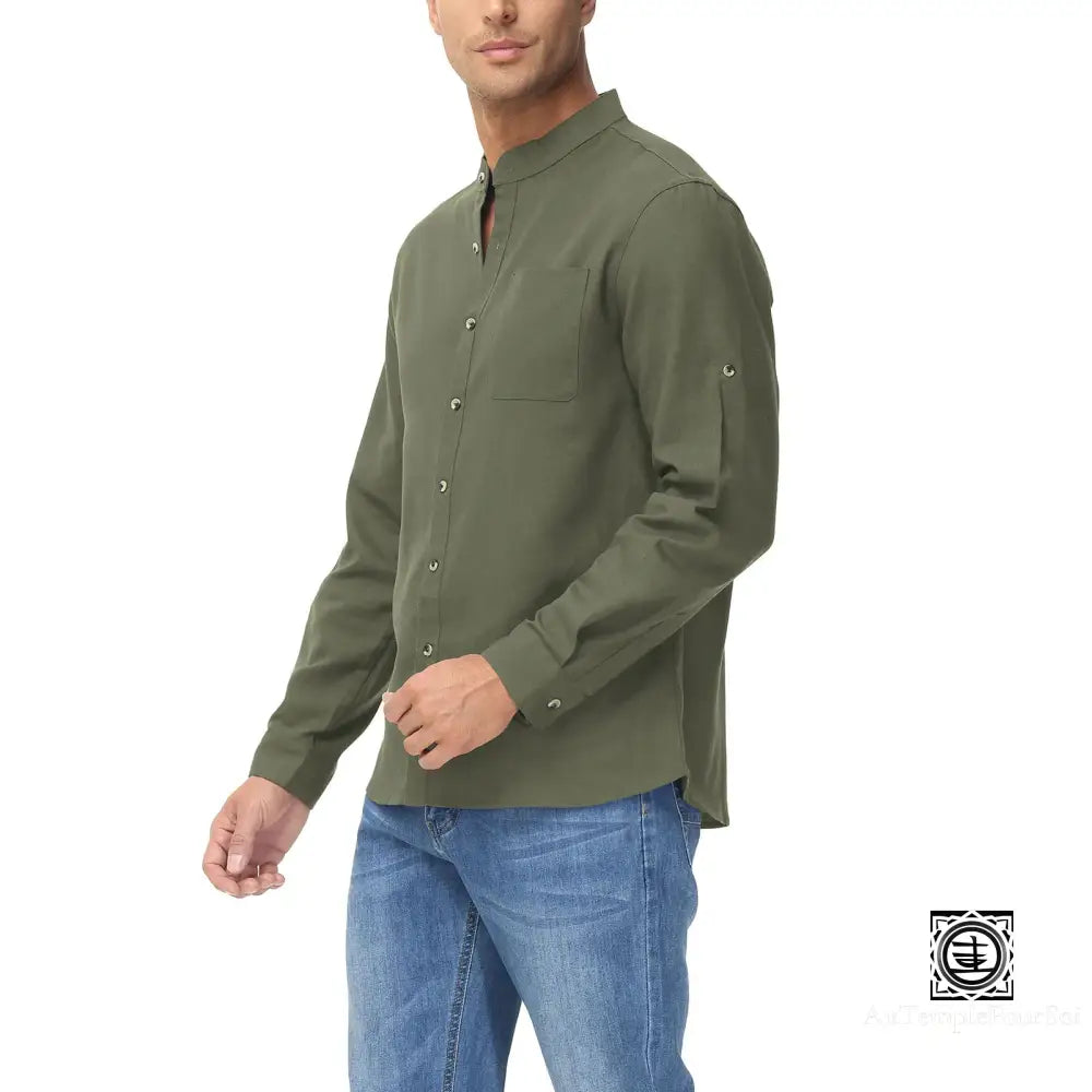 Chemise En Lin À Col Mao Et Manches Relevables Pour Homme – Style Décontracté Estival Chemise-Lin