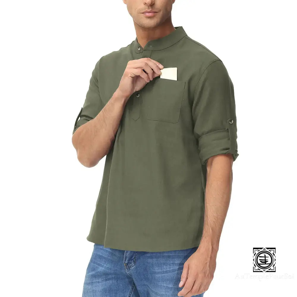 Chemise En Lin À Col Mao Et Manches Relevables Pour Homme – Style Décontracté Estival Chemise-Lin