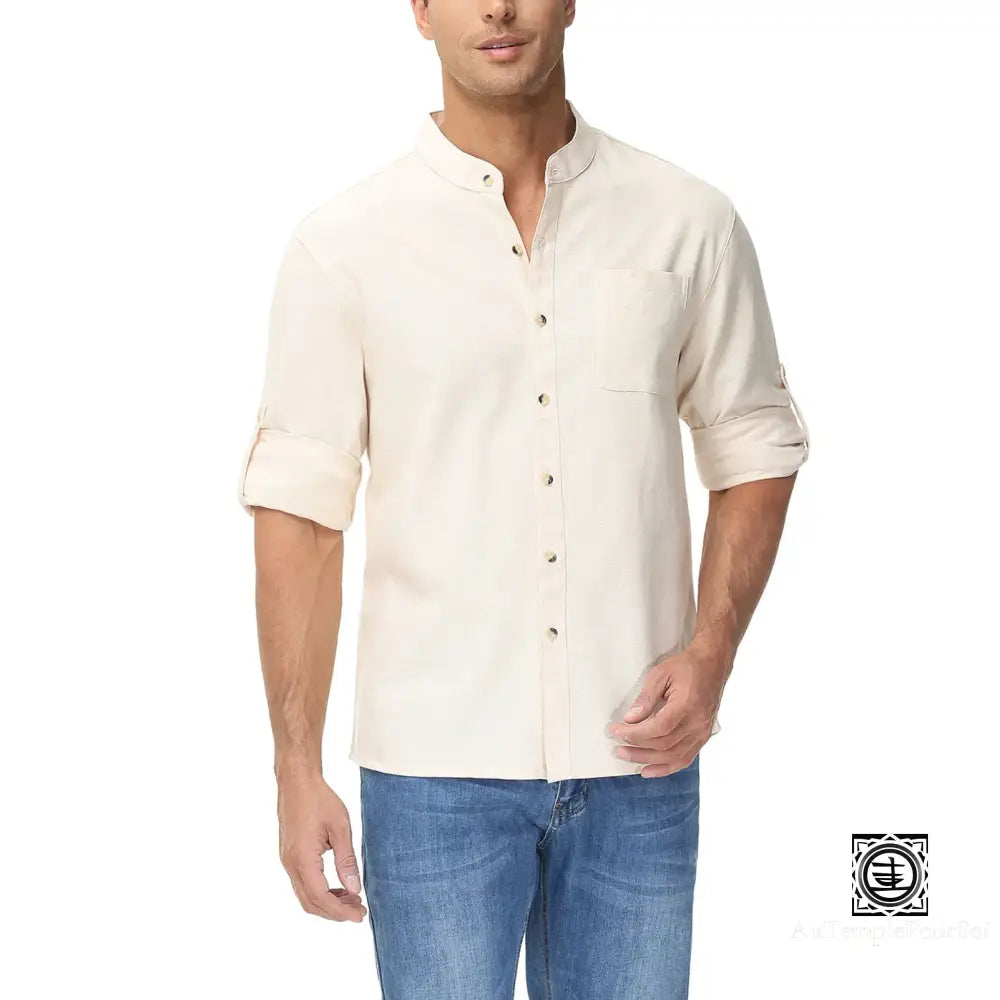 Chemise En Lin À Col Mao Et Manches Relevables Pour Homme – Style Décontracté Estival Beige /