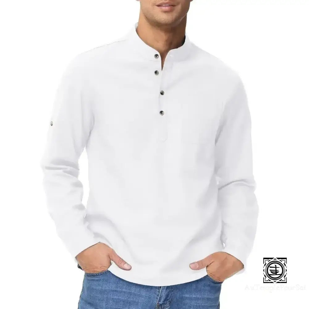 Chemise En Lin À Col Mao Et Manches Relevables Pour Homme – Style Décontracté Estival Blanc 4