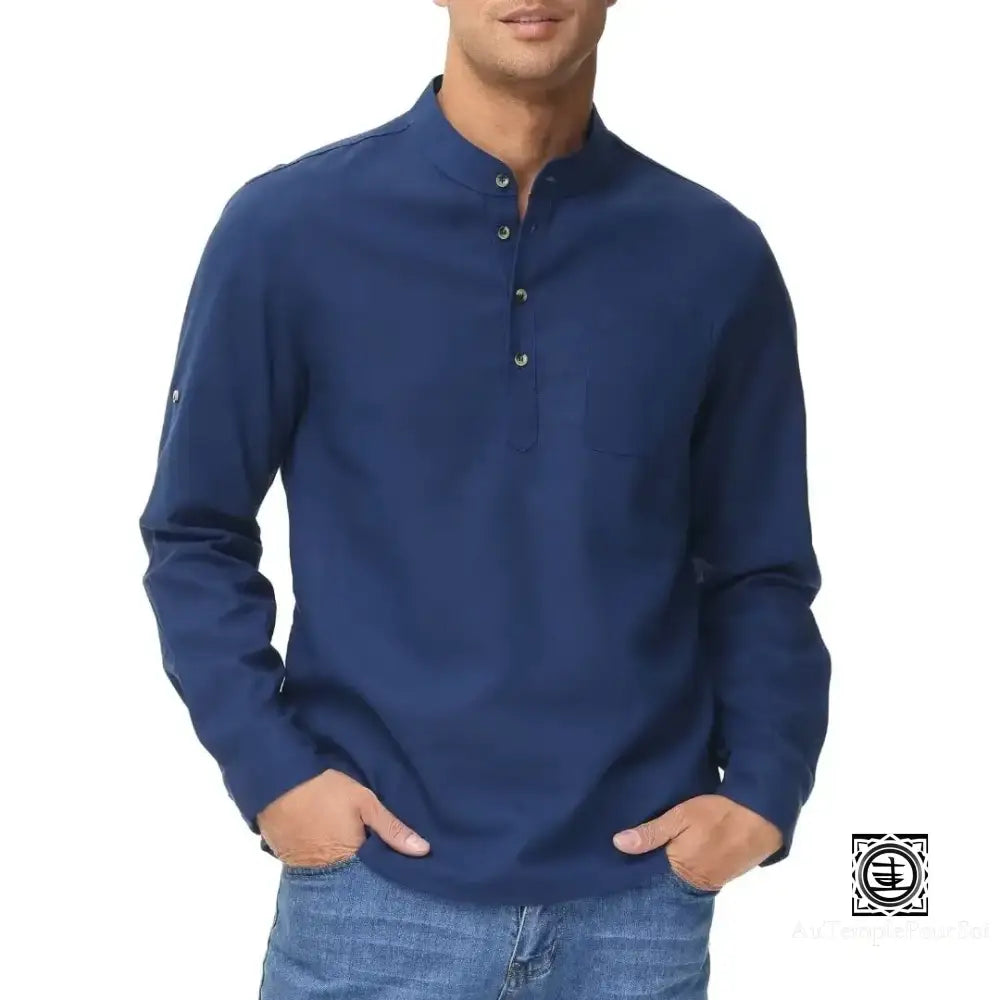 Chemise En Lin À Col Mao Et Manches Relevables Pour Homme – Style Décontracté Estival Bleu 4