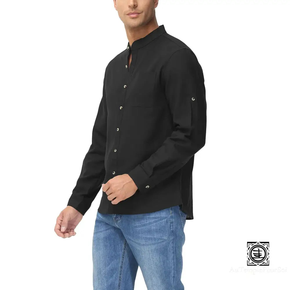 Chemise En Lin À Col Mao Et Manches Relevables Pour Homme – Style Décontracté Estival Noir / S