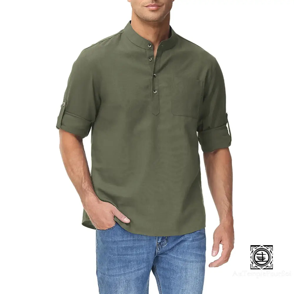 Chemise En Lin À Col Mao Et Manches Relevables Pour Homme – Style Décontracté Estival Vert 4