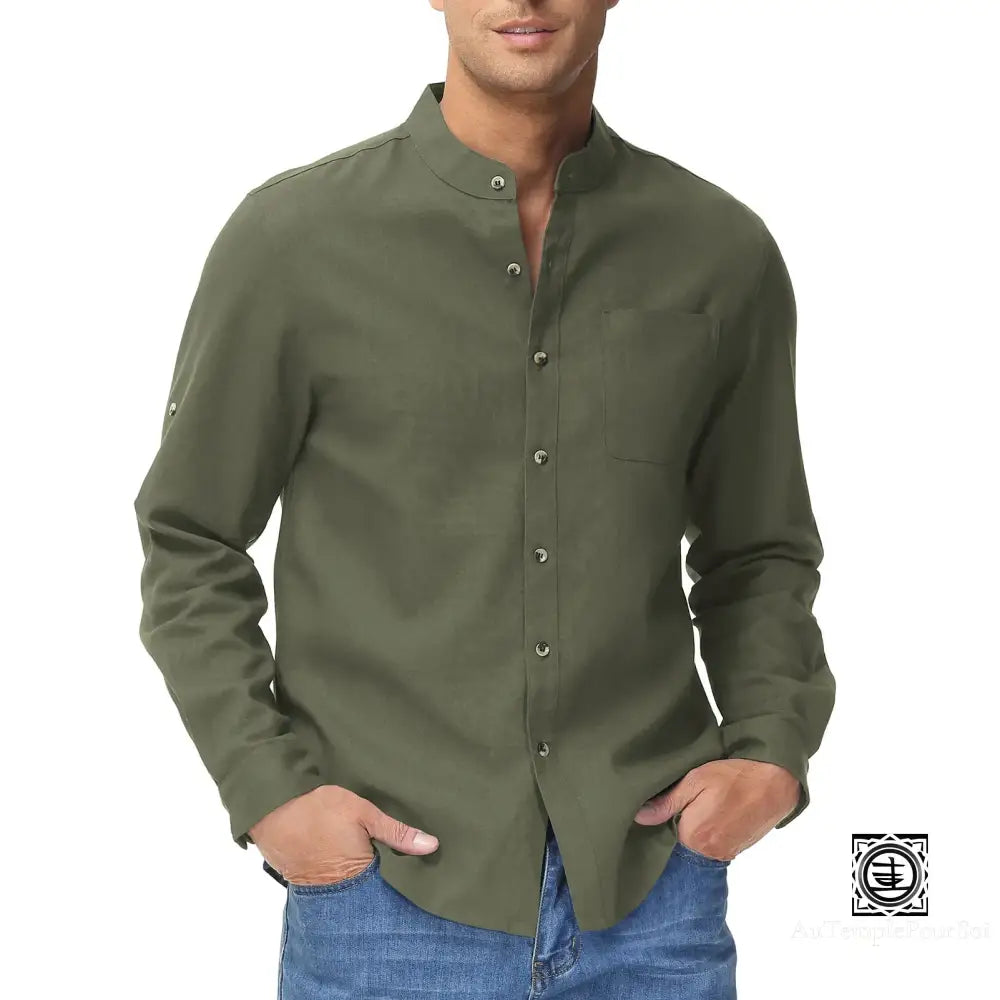 Chemise En Lin À Col Mao Et Manches Relevables Pour Homme – Style Décontracté Estival Vert / S