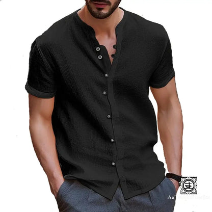 Chemise En Lin Pour Homme Avec Col Mao Et Boutons – Style Décontracté Chic