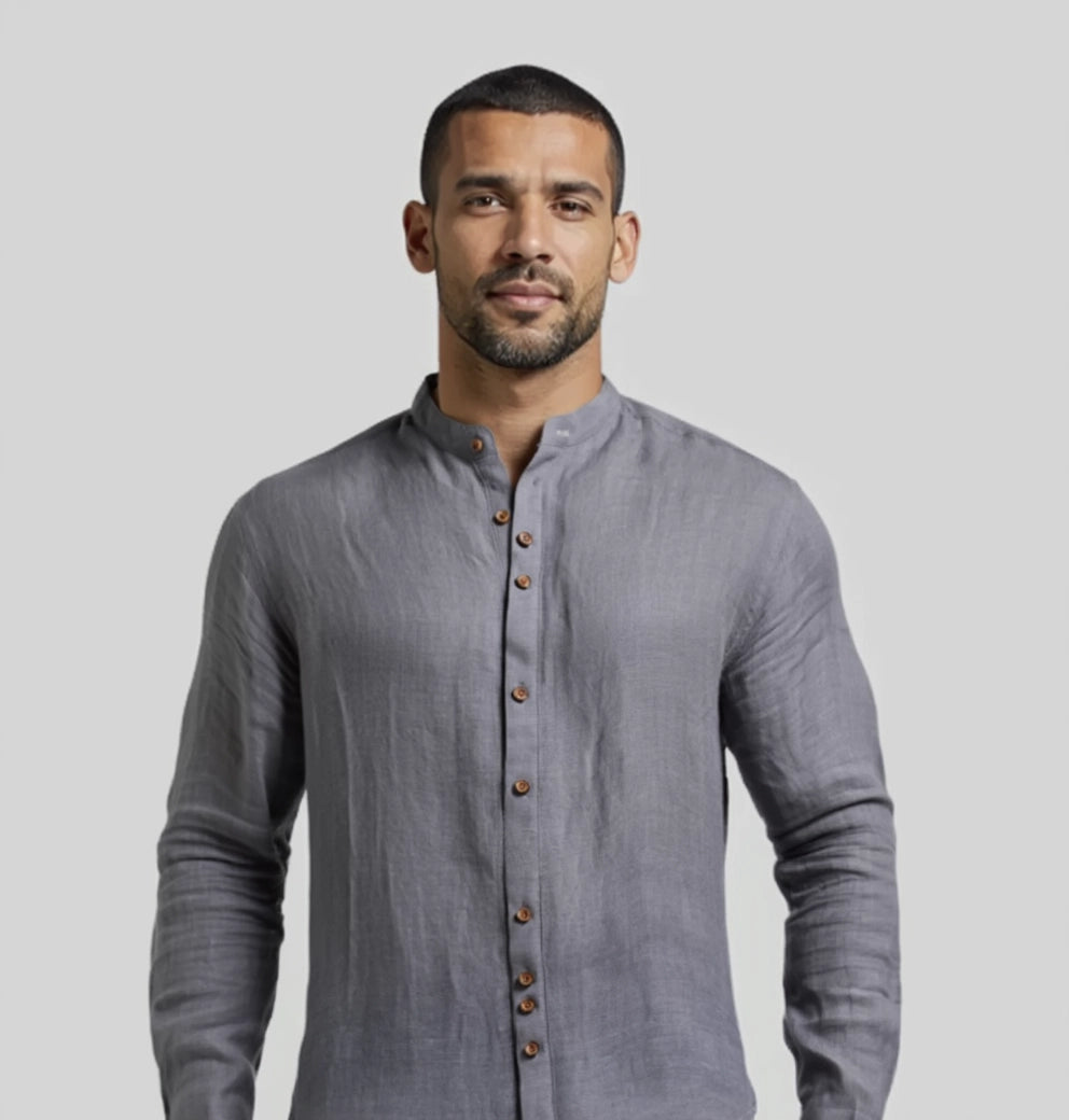 "Méditation Zen" chemise en lin à manches longues avec col Mao