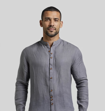 "Méditation Zen" chemise en lin à manches longues avec col Mao