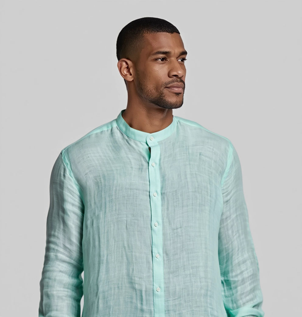 "Simplicité" Chemise en lin à manches longues à col Mao