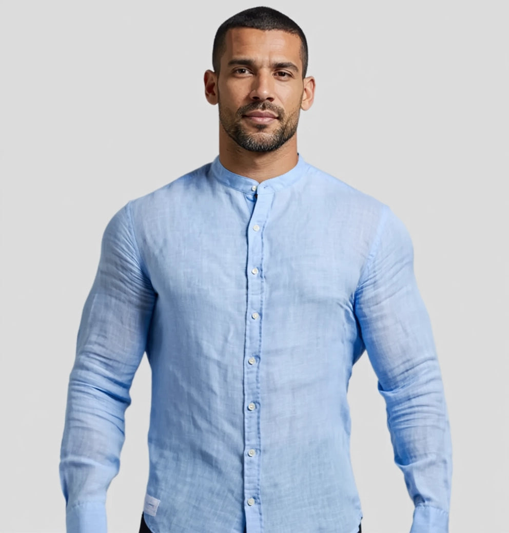 "Simplicité" Chemise en lin à manches longues à col Mao