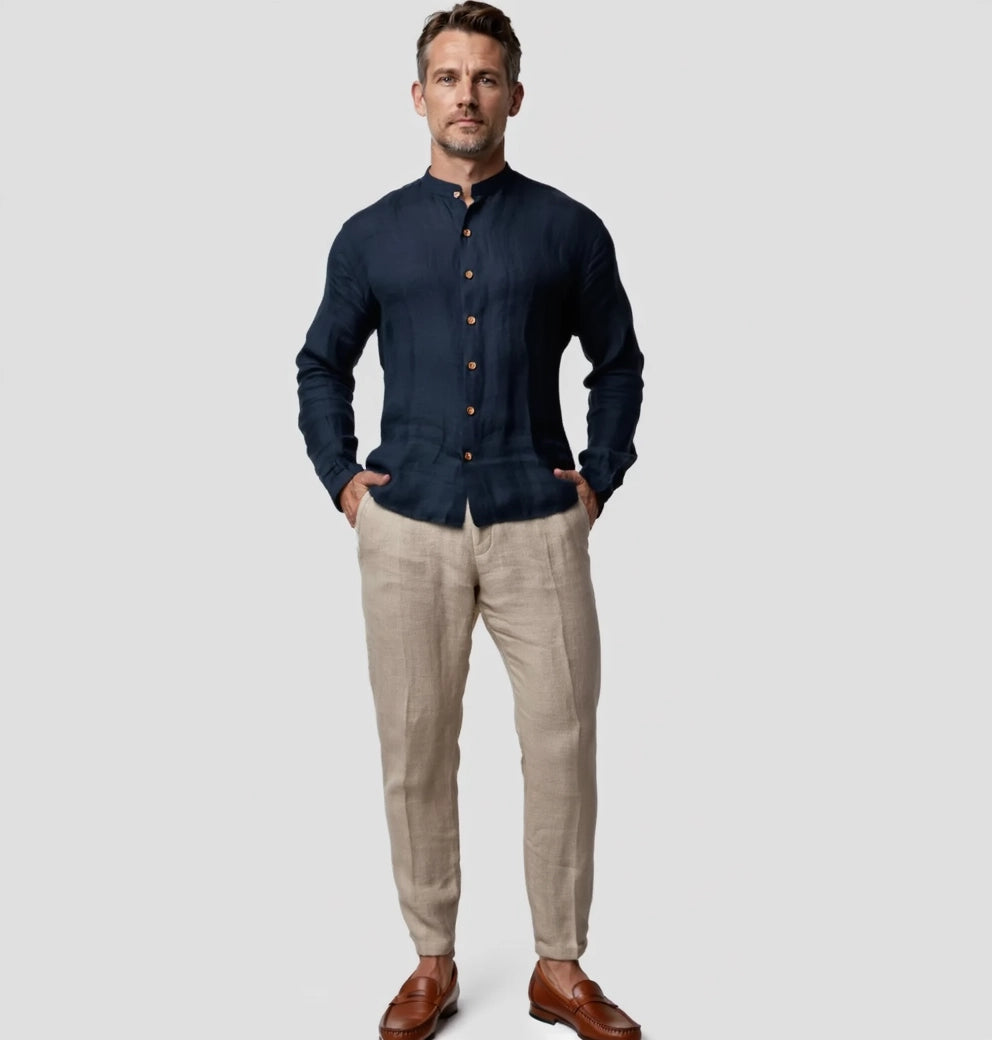 "Méditation Zen" chemise en lin à manches longues avec col Mao