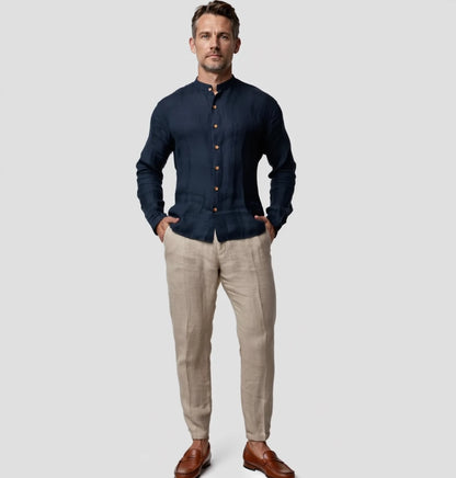 "Méditation Zen" chemise en lin à manches longues avec col Mao