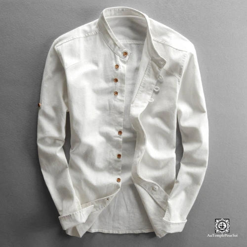 chemise en lin blanche à manches longues avec col Mao