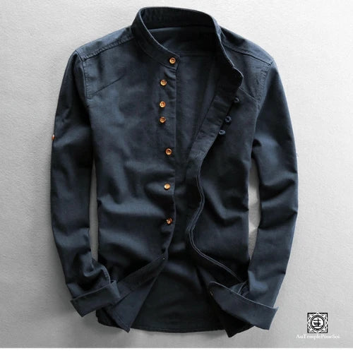 chemise en lin bleu à manches longues avec col Mao