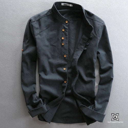 chemise en lin à manches longues avec col Mao bleu