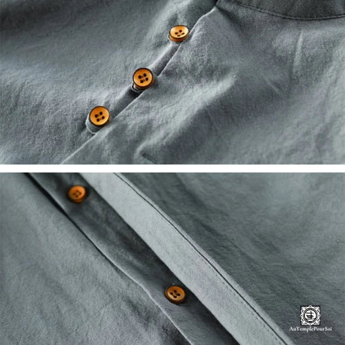 chemise en lin gris à manches longues avec col Mao detail bouton