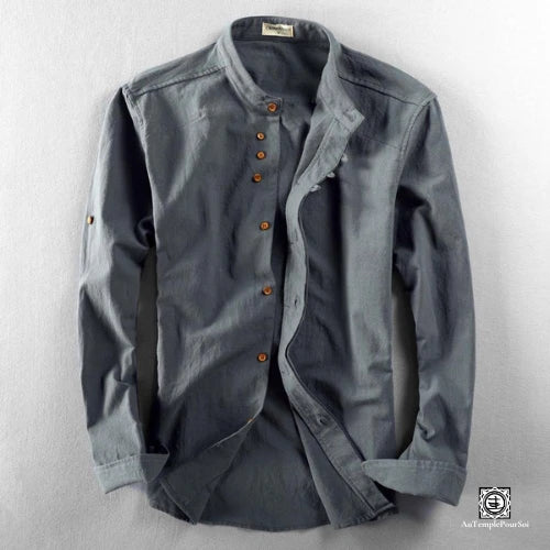 chemise en lin à manches longues avec col Mao gris