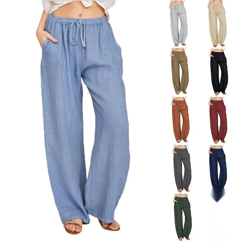 Pantalon large femme bleu ciel porté avec vue sur la palette des 11 coloris disponibles.