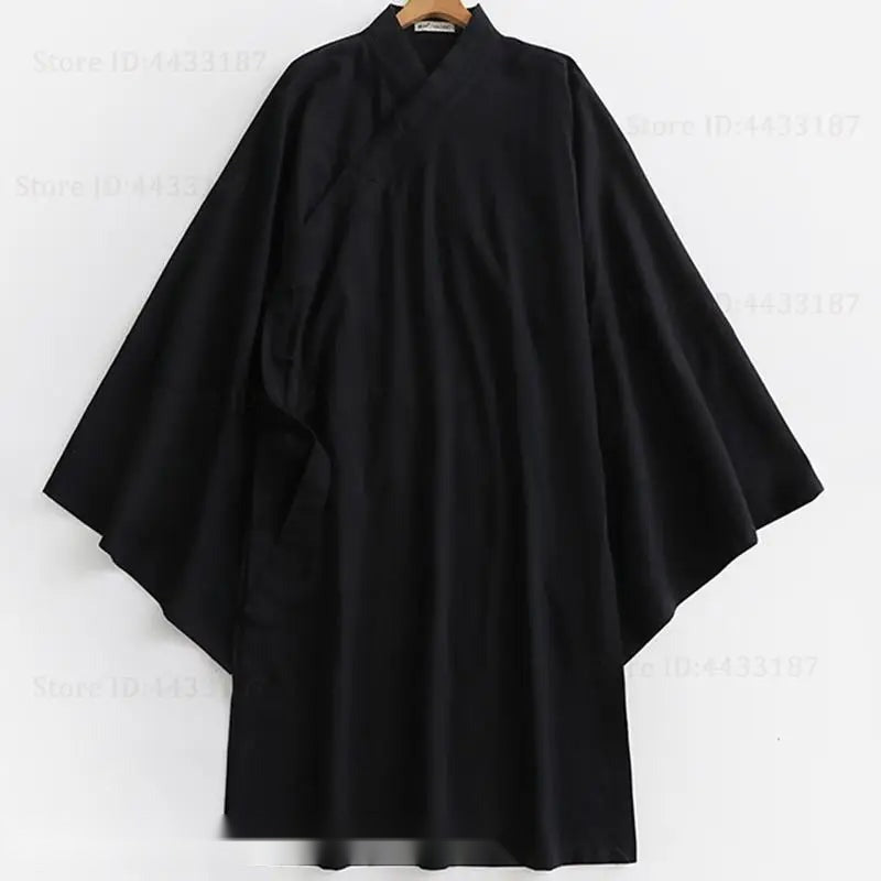 Kimono cardigan homme noir en coton et lin, coupe ample style japonais traditionnel.