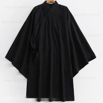 Kimono cardigan homme noir en coton et lin, coupe ample style japonais traditionnel.