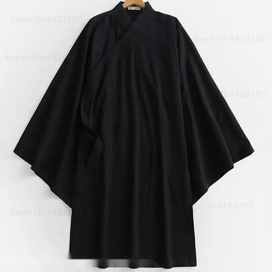 Kimono cardigan homme noir en coton et lin, coupe ample style japonais traditionnel.