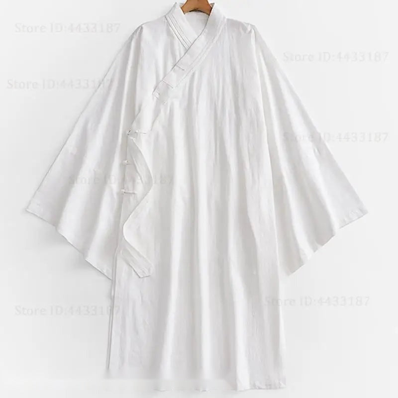 Cardigan kimono blanc pour homme, tissu léger en lin et coton, manches larges évasées.
