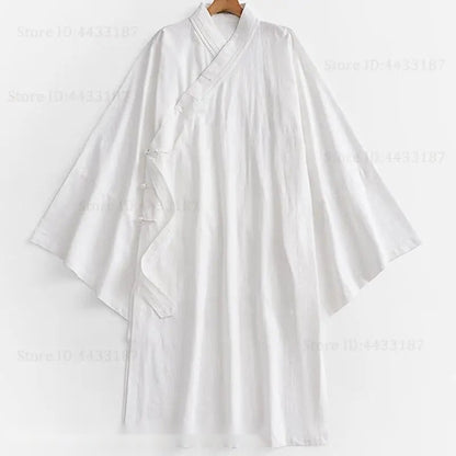 Cardigan kimono blanc pour homme, tissu léger en lin et coton, manches larges évasées.