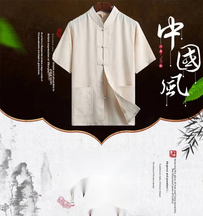 Veste Hanfu beige pour homme en lin et coton, coupe droite avec boutons traditionnels et col mandarin.