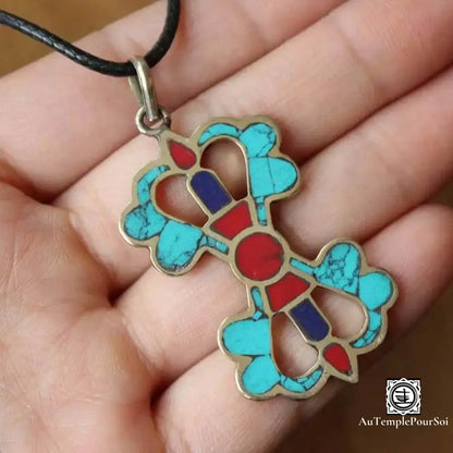 ’Croisée Tibétaine’ - Pendentif En Laiton Avec Turquoise Lapis Et Corail Pendentif - Tibet