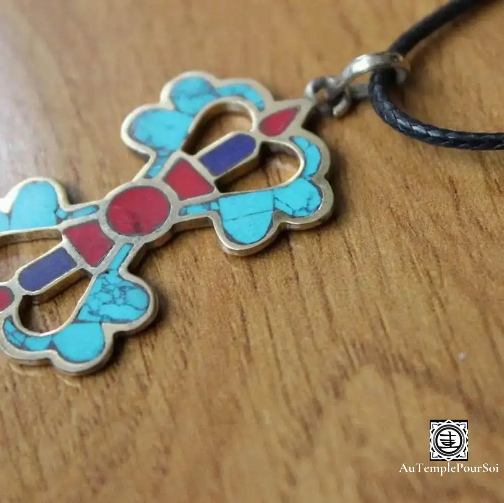 ’Croisée Tibétaine’ - Pendentif En Laiton Avec Turquoise Lapis Et Corail Pendentif - Tibet