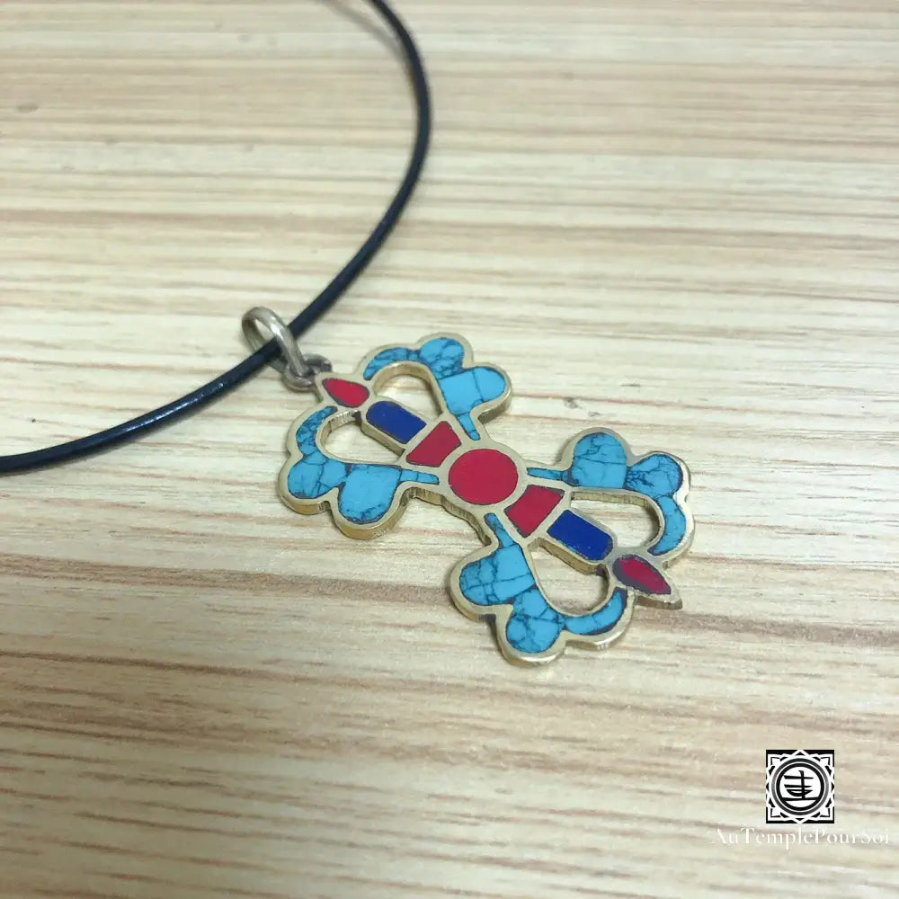 ’Croisée Tibétaine’ - Pendentif En Laiton Avec Turquoise Lapis Et Corail Pendentif - Tibet