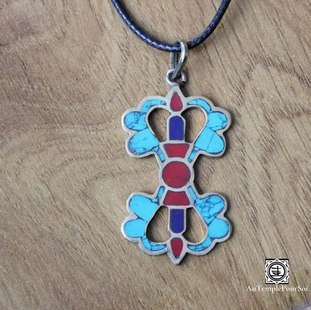 ’Croisée Tibétaine’ - Pendentif En Laiton Avec Turquoise Lapis Et Corail Pendentif - Tibet