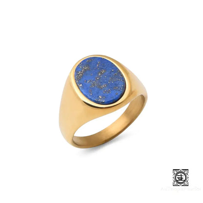 ’Desirée’ Bague Chevalière En Pierre Naturelle Et Acier Inoxydable Doré Lapis Lazuli / 7