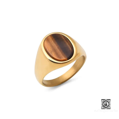 ’Desirée’ Bague Chevalière En Pierre Naturelle Et Acier Inoxydable Doré Oeil De Tigre / 7