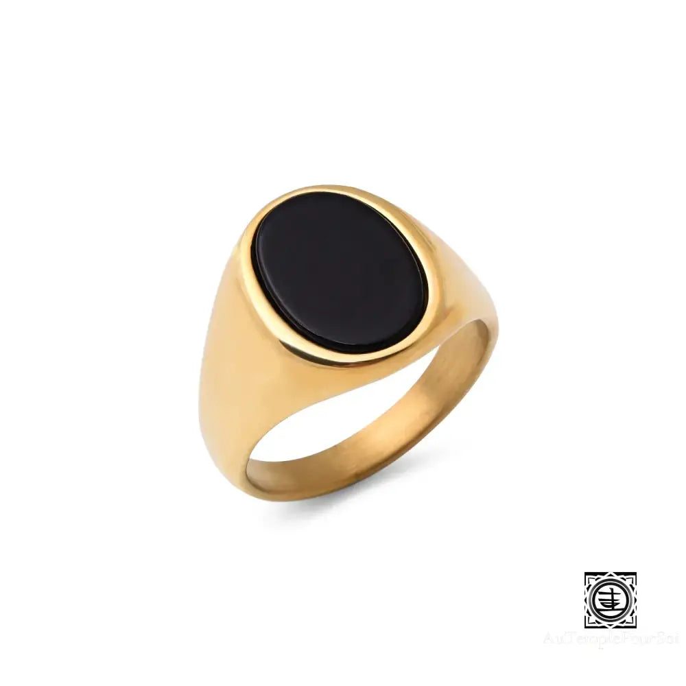 ’Desirée’ Bague Chevalière En Pierre Naturelle Et Acier Inoxydable Doré Onyx Noir / 7