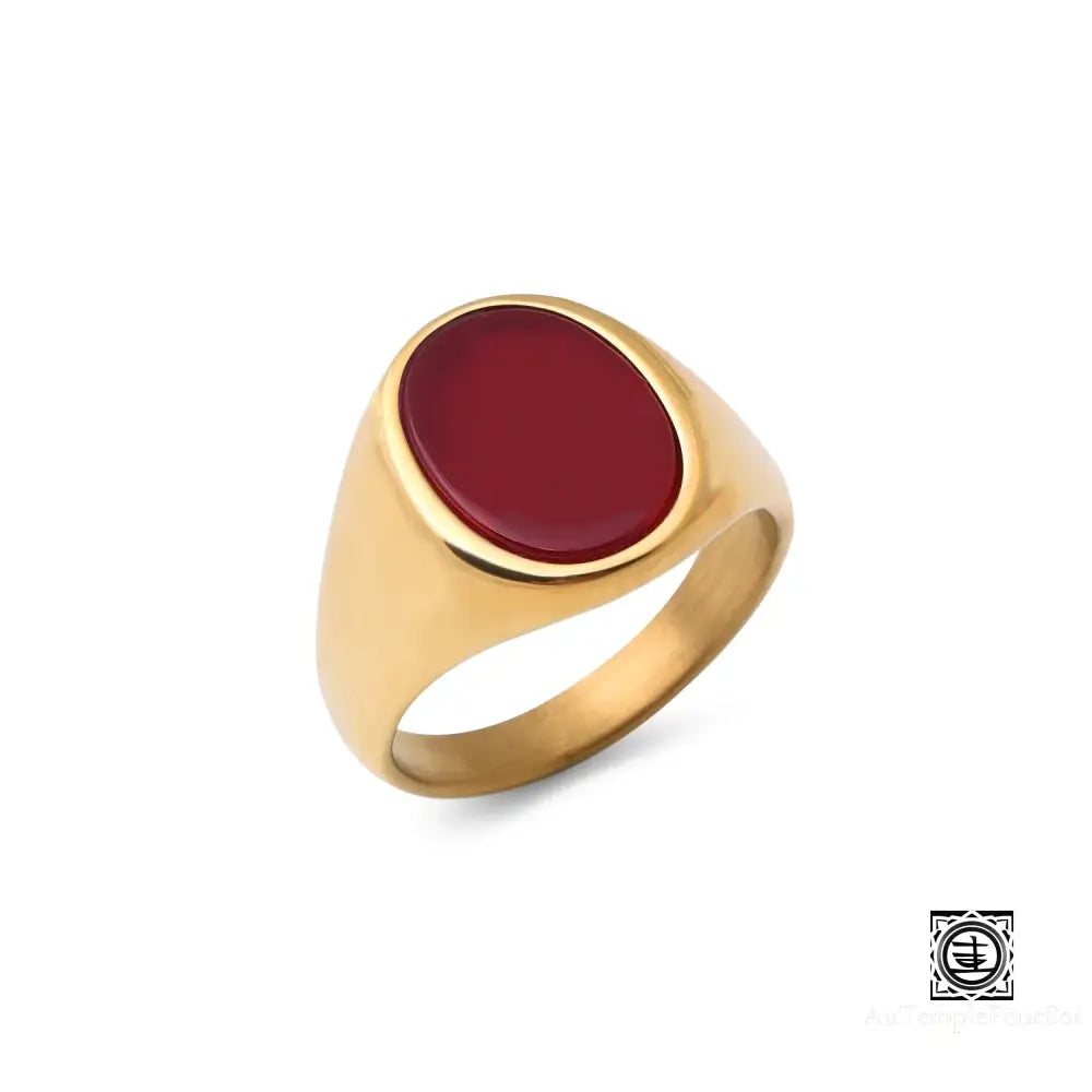 ’Desirée’ Bague Chevalière En Pierre Naturelle Et Acier Inoxydable Doré Onyx Rouge / 7