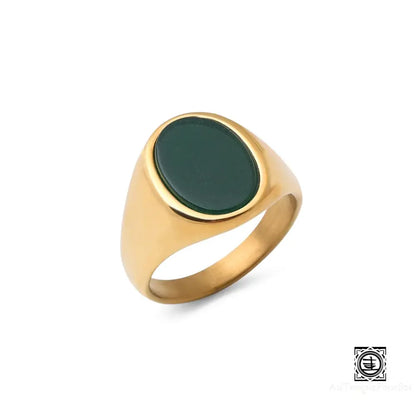 ’Desirée’ Bague Chevalière En Pierre Naturelle Et Acier Inoxydable Doré Onyx Vert / 7