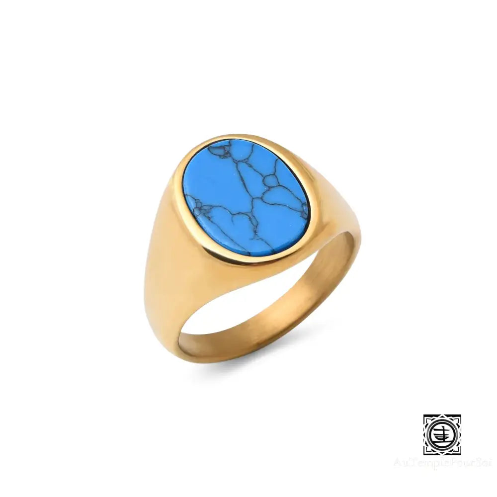 ’Desirée’ Bague Chevalière En Pierre Naturelle Et Acier Inoxydable Doré Turquoise / 7