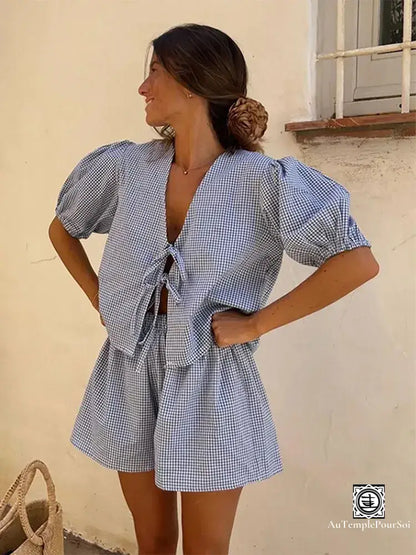 ’Douceur Gingham’ Ensemble Court À Carreaux – Haut Lacets Et Short Élastique Ensemble-Femme