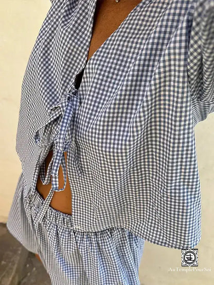 ’Douceur Gingham’ Ensemble Court À Carreaux – Haut Lacets Et Short Élastique Ensemble-Femme