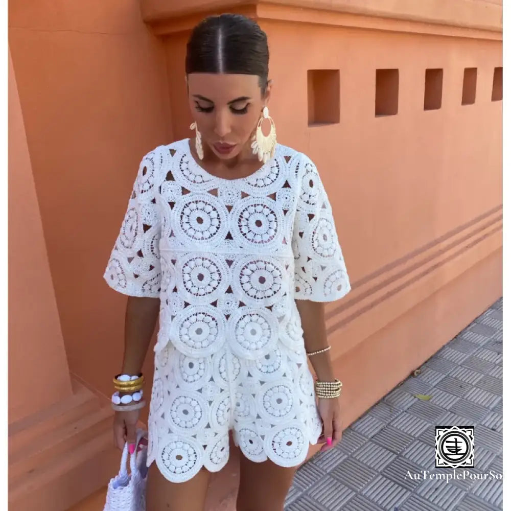 ’Éclat Bohème’ Ensemble Crocheté Élégant – T-Shirt Et Short Taille Haute Ensemble-Femme