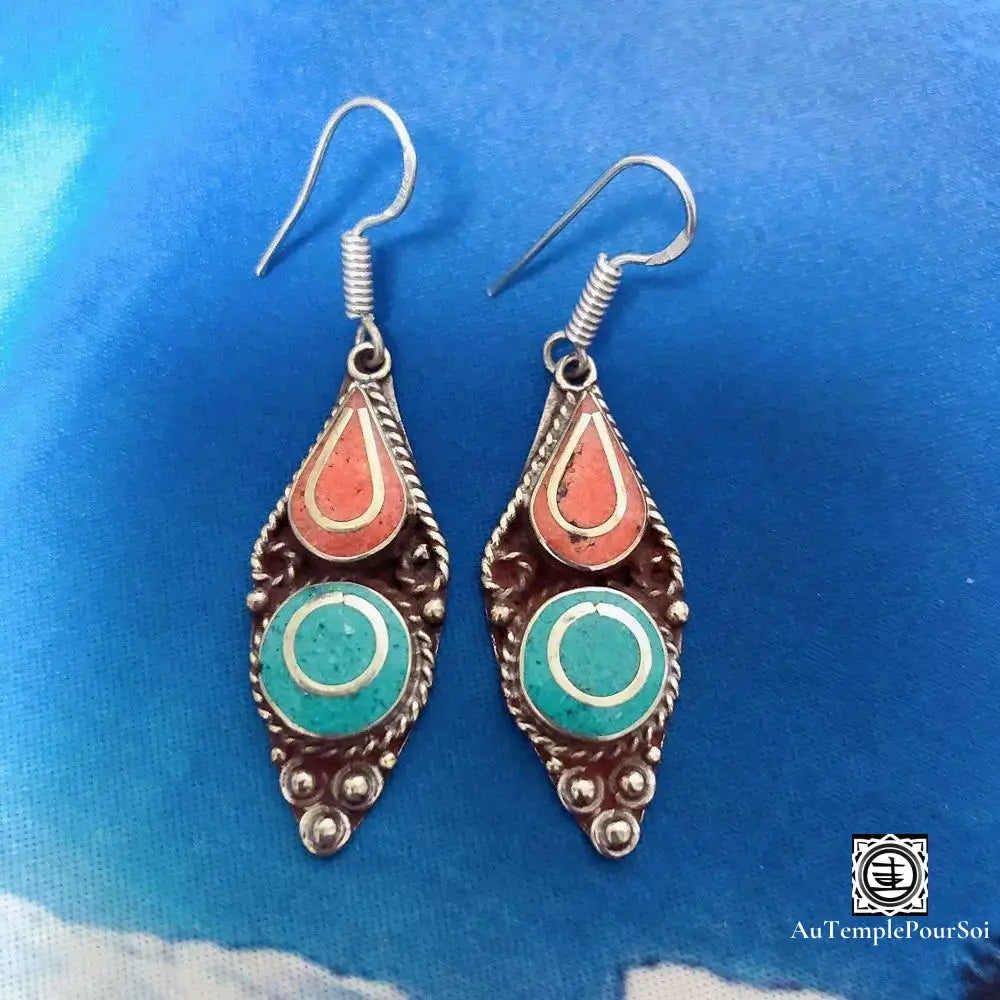 ’Éclat De Dharamsala’ - Boucles D’oreilles En Cuivre Et Turquoise Boucle - Oreille - Tibetain