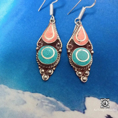 ’Éclat De Dharamsala’ - Boucles D’oreilles En Cuivre Et Turquoise Boucle - Oreille - Tibetain