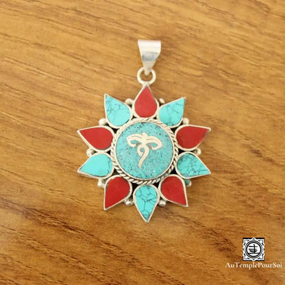 ’Éclat Du Nirvana’ - Collier Œil De Bouddha En Argent Avec Turquoise Et Corail Pendentif - Tibet