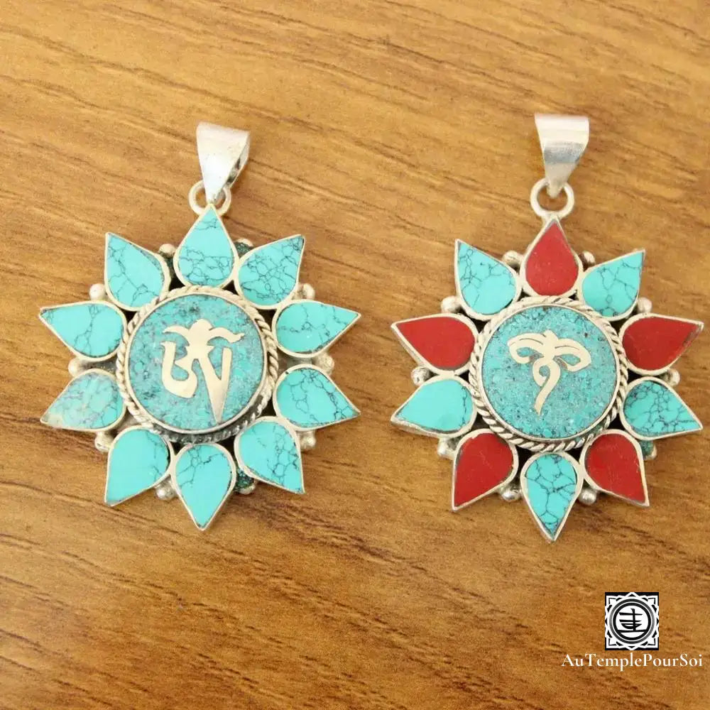 ’Éclat Du Nirvana’ - Collier Œil De Bouddha En Argent Avec Turquoise Et Corail Pendentif - Tibet