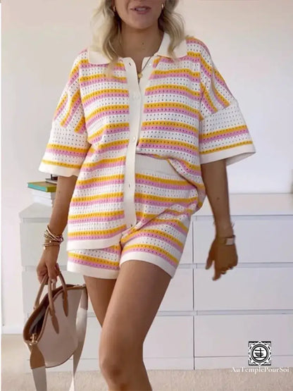 ’Éclat Pastel’ Ensemble Décontracté En Tricot Rayé – Cardigan Et Short Ensemble-Femme